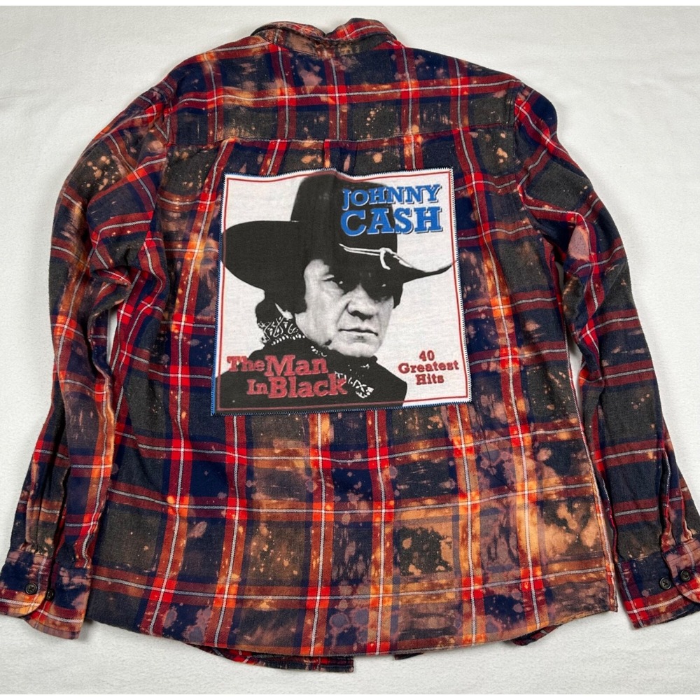 Flannel Bleached Splatter Johnny Cash Small‎ Red Black Long Sleeve NWT